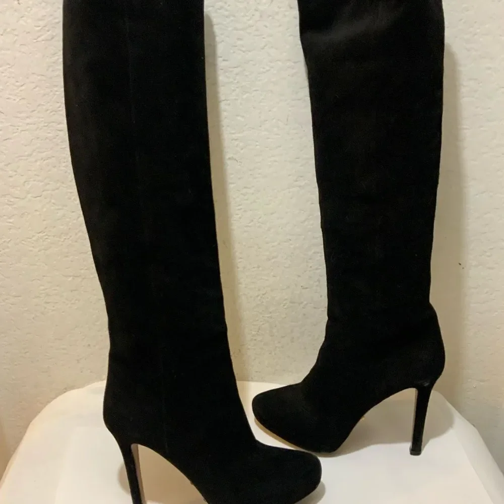 PRADA Black Suede Knee High Stiletto Boots Size 39 - Picture 6 of 16